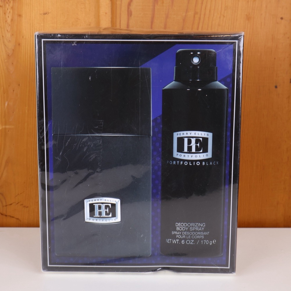 Perry Ellis Portfolio Black Men's Gift Set 3.4 oz EDT + 6 oz Body Spray New